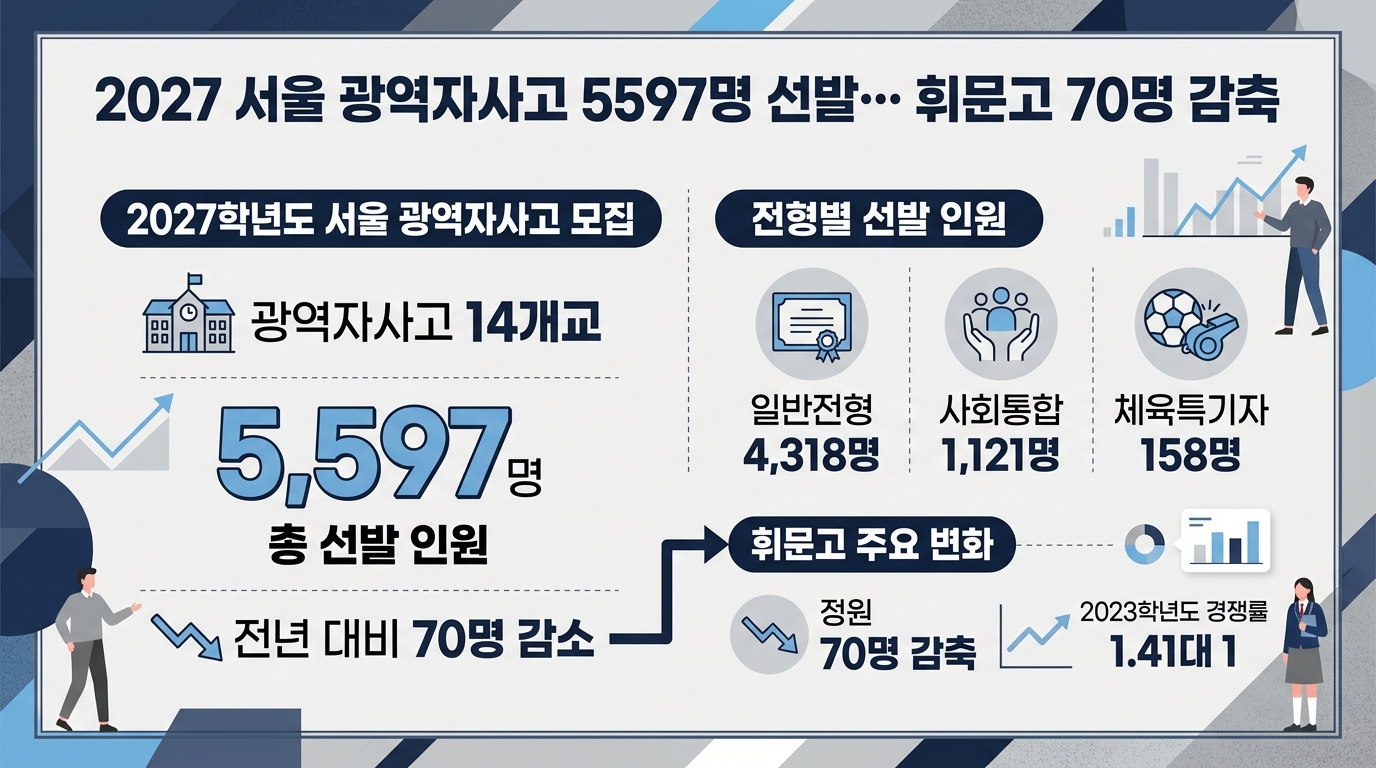2027 서울 광역자사고 5597명 선발… 휘문고 70명 감축 — 주요 수치를 정리한 그림