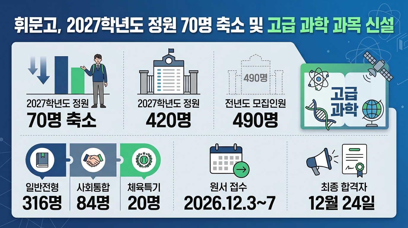 휘문고, 2027학년도 정원 70명 축소 및 고급 과학 과목 신설 — 주요 수치를 정리한 그림