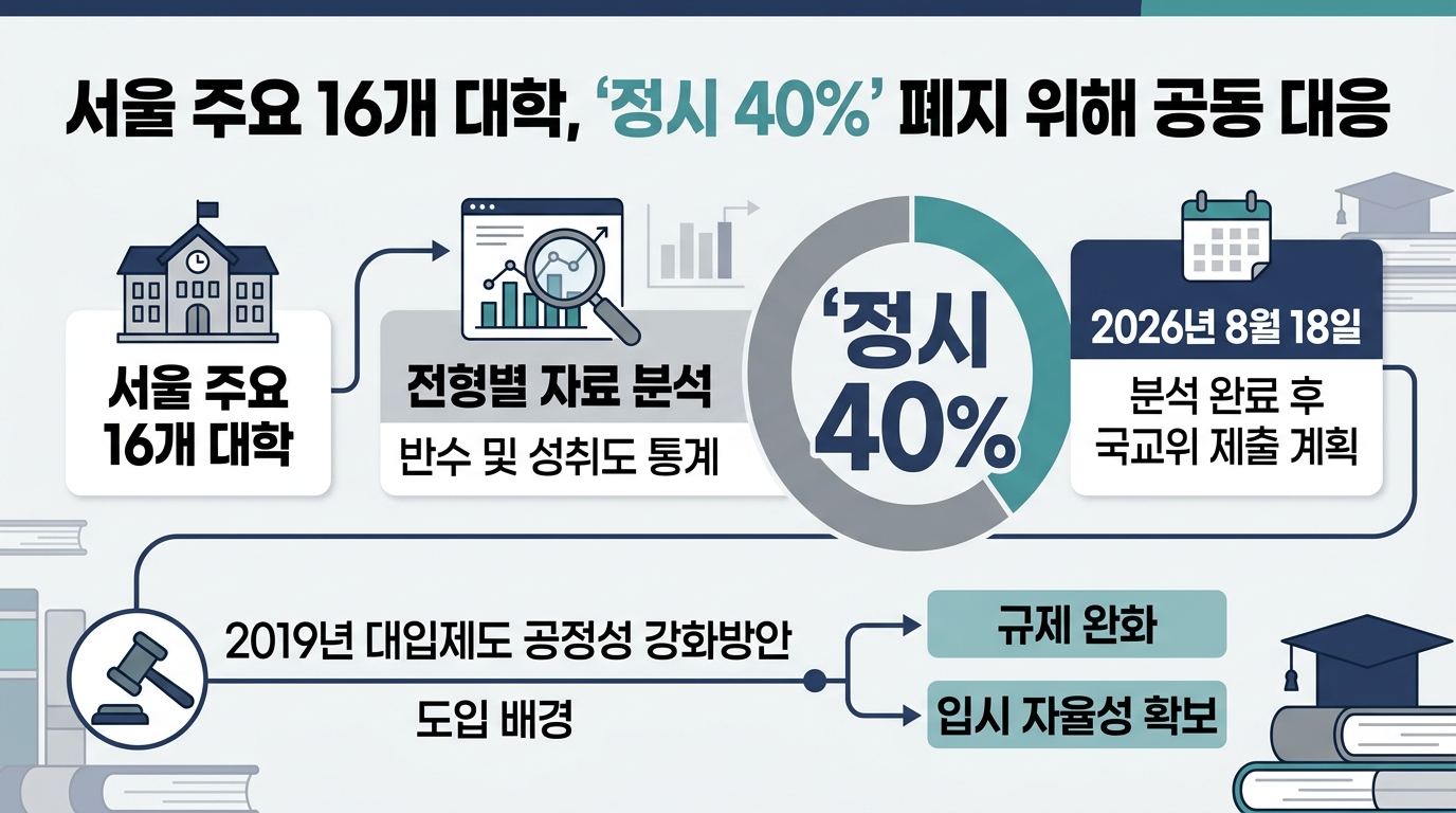 서울 주요 16개 대학, '정시 40%' 폐지 위해 공동 대응 — 주요 수치를 정리한 그림