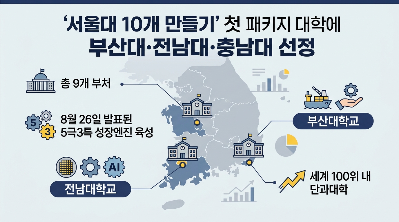 ‘서울대 10개 만들기’ 첫 패키지 대학에 부산대·전남대·충남대 선정 — 주요 수치를 정리한 그림