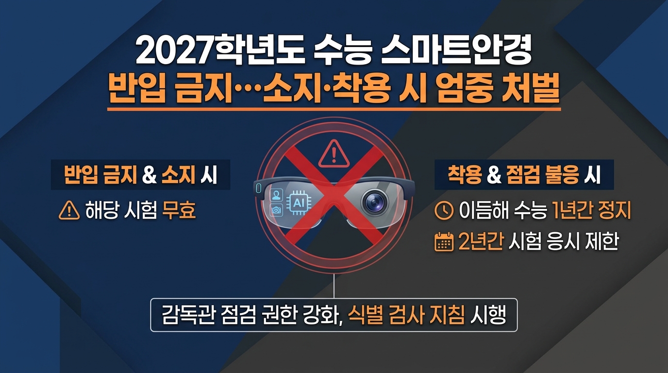 2027학년도 수능 스마트안경 반입 금지…소지·착용 시 엄중 처벌 — 주요 수치를 정리한 그림