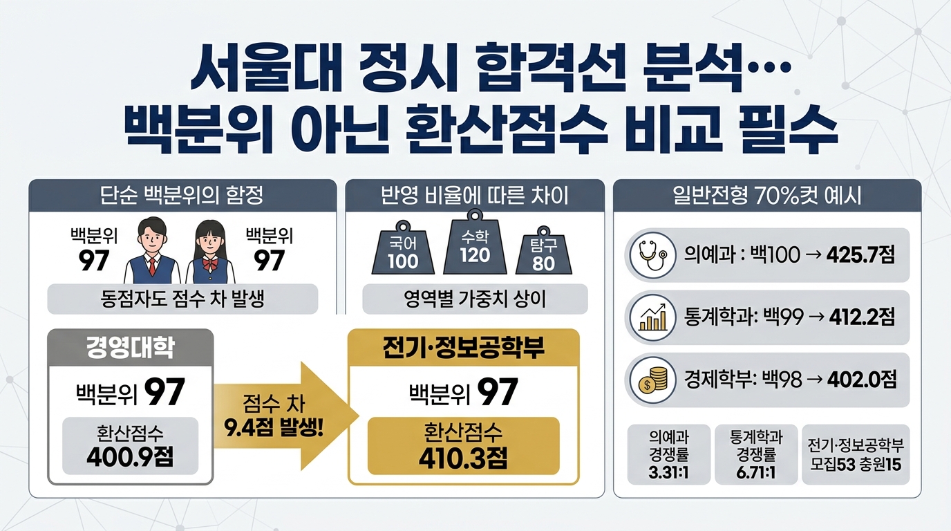 서울대 정시 합격선 분석… 백분위 아닌 환산점수 비교 필수 — 주요 수치를 정리한 그림