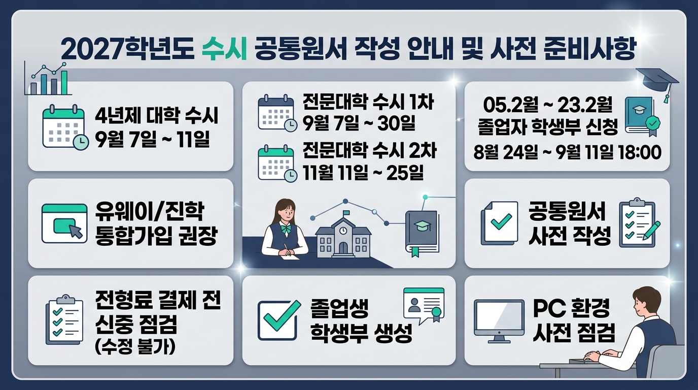2027학년도 수시 공통원서 작성 안내 및 사전 준비사항 — 주요 수치를 정리한 그림