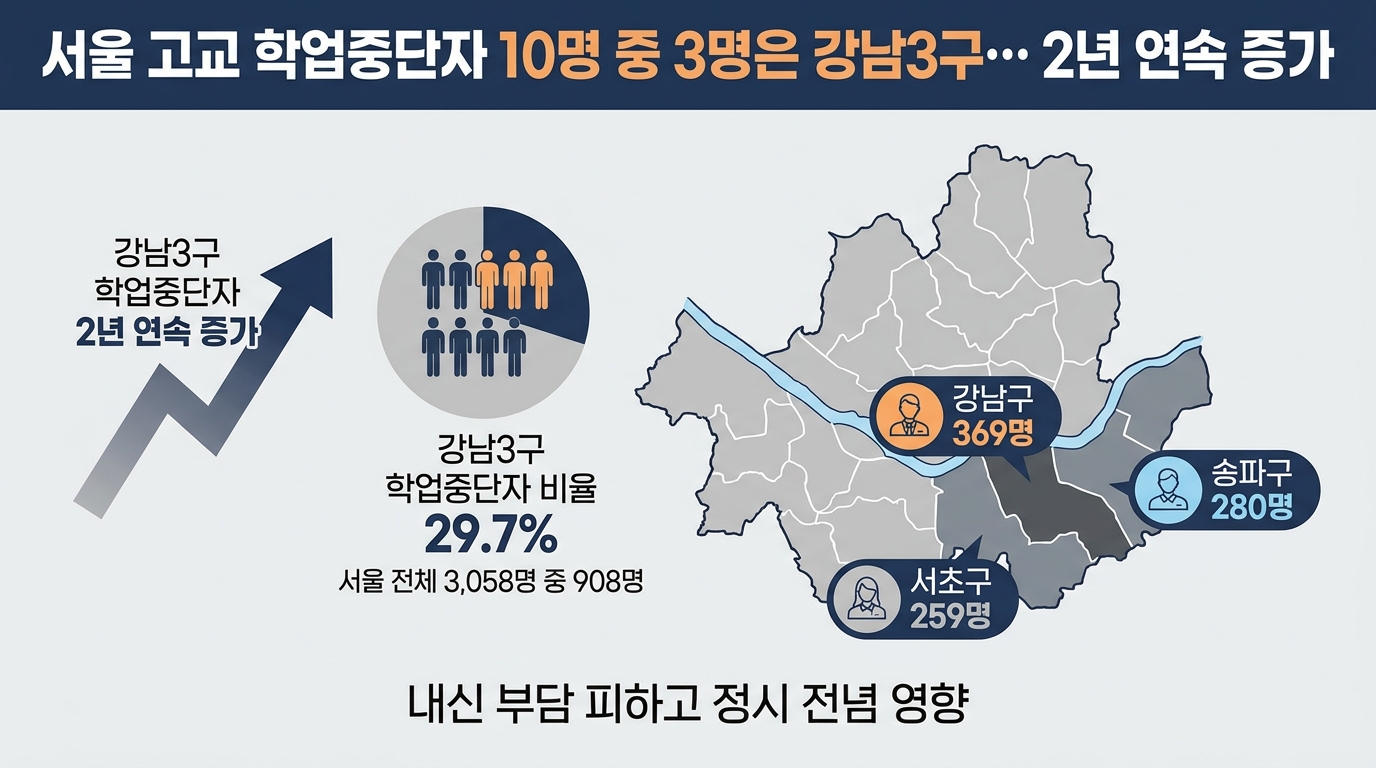 서울 고교 학업중단자 10명 중 3명은 강남3구… 2년 연속 증가 — 주요 수치를 정리한 그림