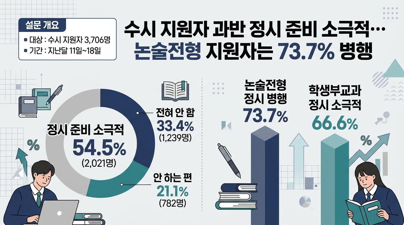 수시 지원자 과반 정시 준비 소극적… 논술전형 지원자는 73.7% 병행 — 주요 수치를 정리한 그림