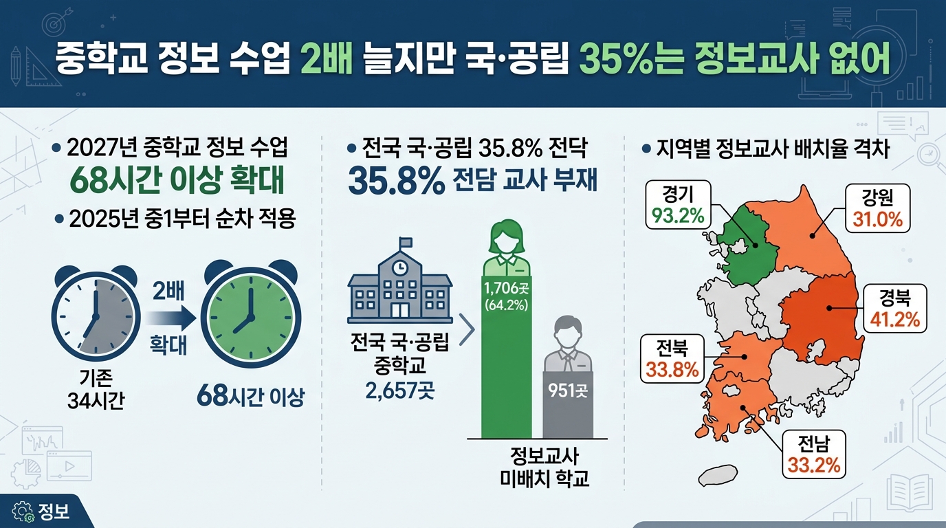 중학교 정보 수업 2배 늘지만 국·공립 35%는 정보교사 없어 — 주요 수치를 정리한 그림