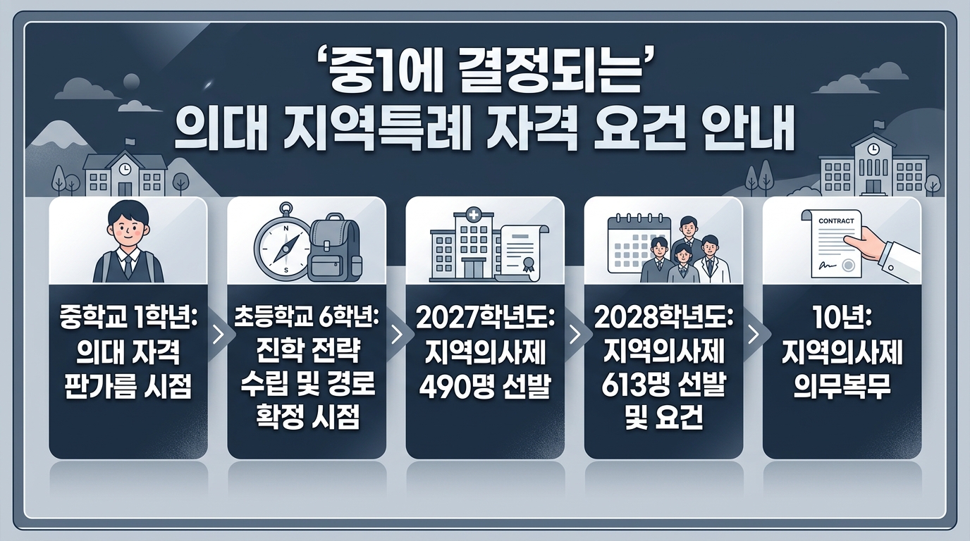 중1에 결정되는 의대 지역특례 자격 요건 안내 — 주요 수치를 정리한 그림