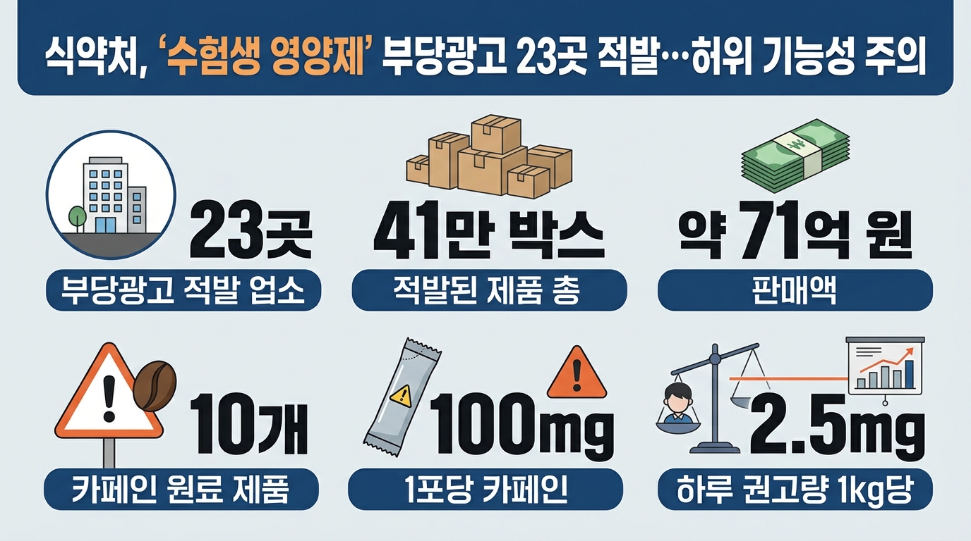 식약처, '수험생 영양제' 부당광고 23곳 적발…허위 기능성 주의 — 주요 수치를 정리한 그림