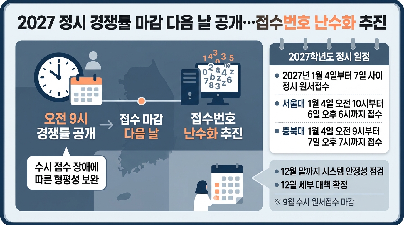 2027 정시 경쟁률 마감 다음 날 공개…접수번호 난수화 추진 — 주요 수치를 정리한 그림
