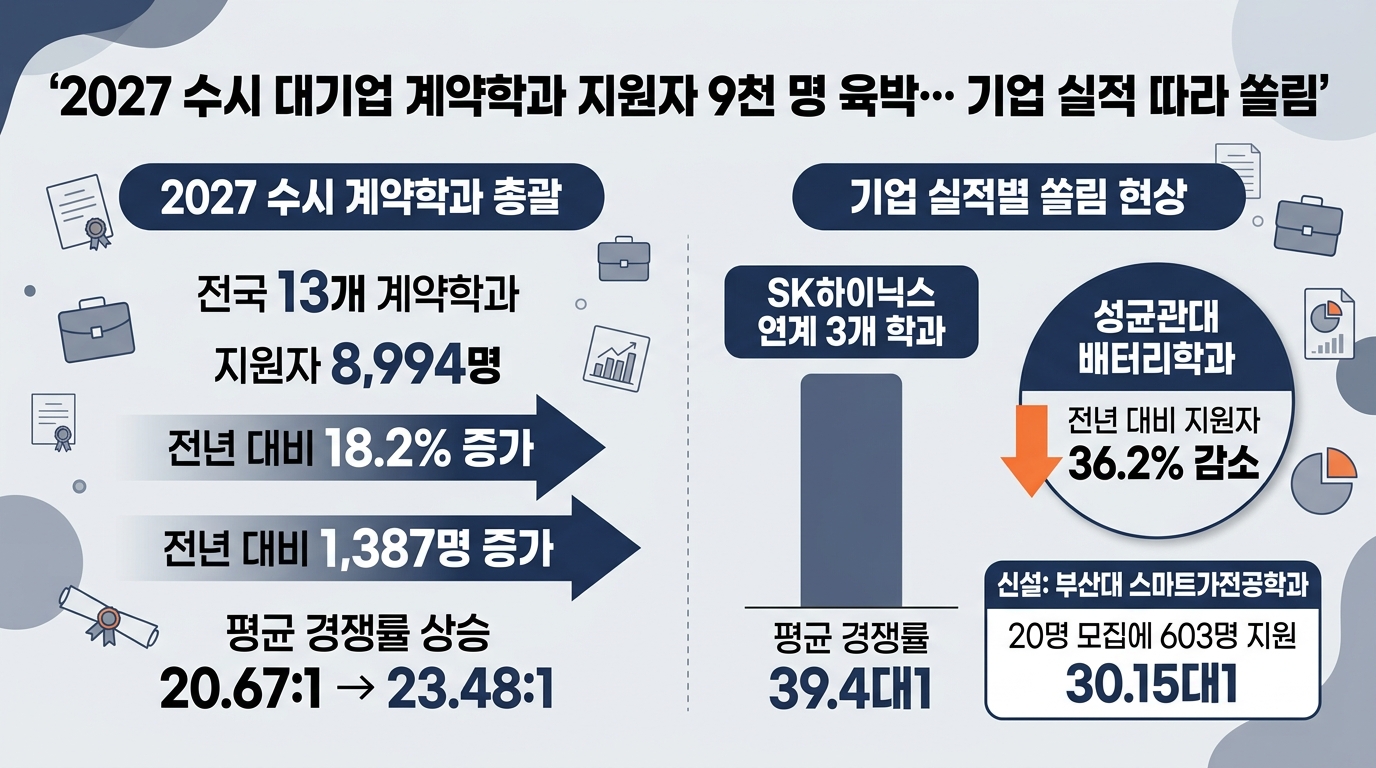 2027 수시 대기업 계약학과 지원자 9천 명 육박… 기업 실적 따라 쏠림 — 주요 수치를 정리한 그림