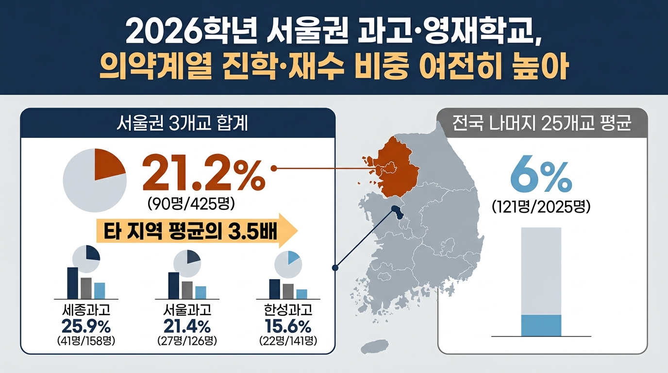 2026학년 서울권 과고·영재학교, 의약계열 진학·재수 비중 여전히 높아 — 주요 수치를 정리한 그림